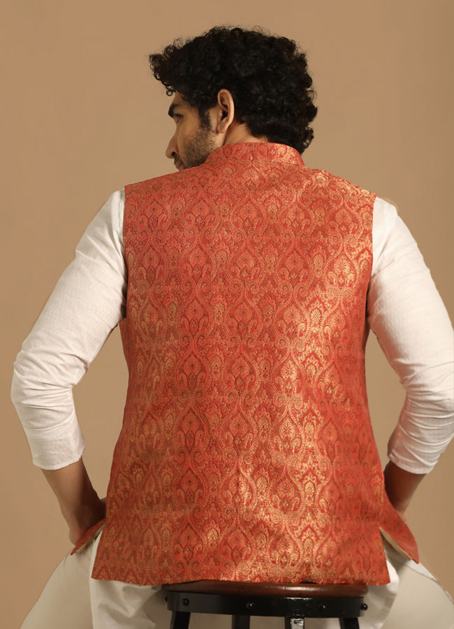 alt message - Manyavar Men Rust Self Design Jacket image number 2